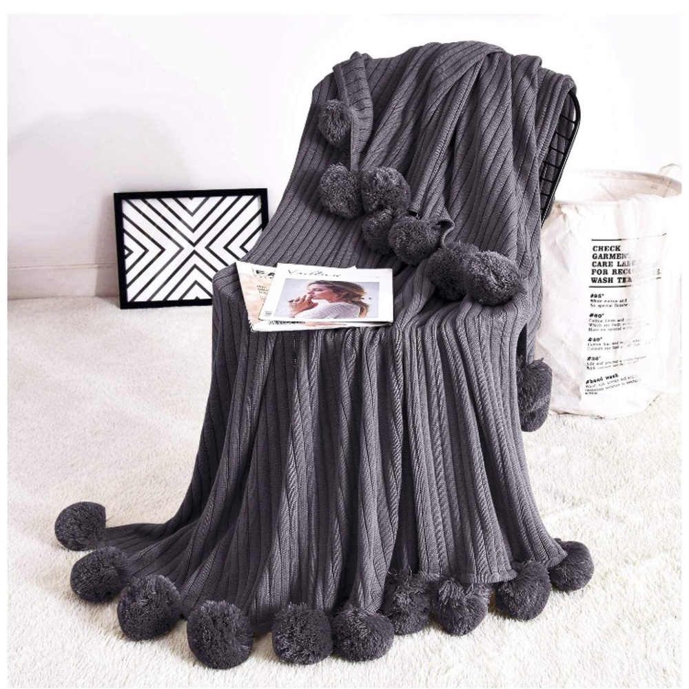 Trendy Dark Grey Pompom Fringe Chic Cozy Soft Throw Blanket/Cover Dorm/Bedroom - Picture 7 of 12